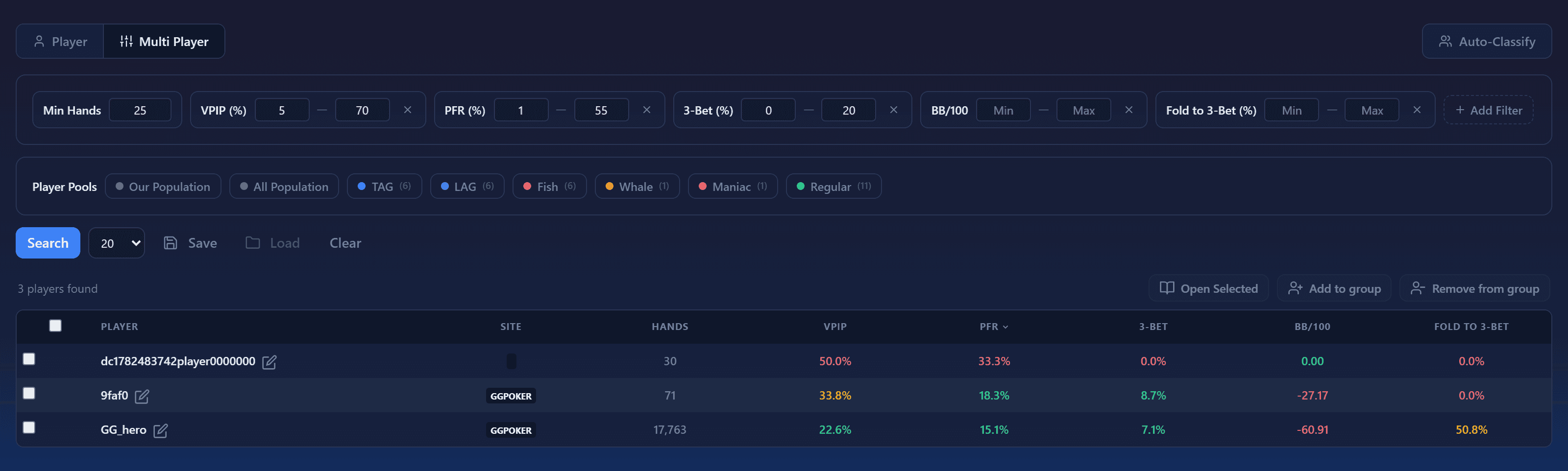 Multi-player search with a richer filter set and results
