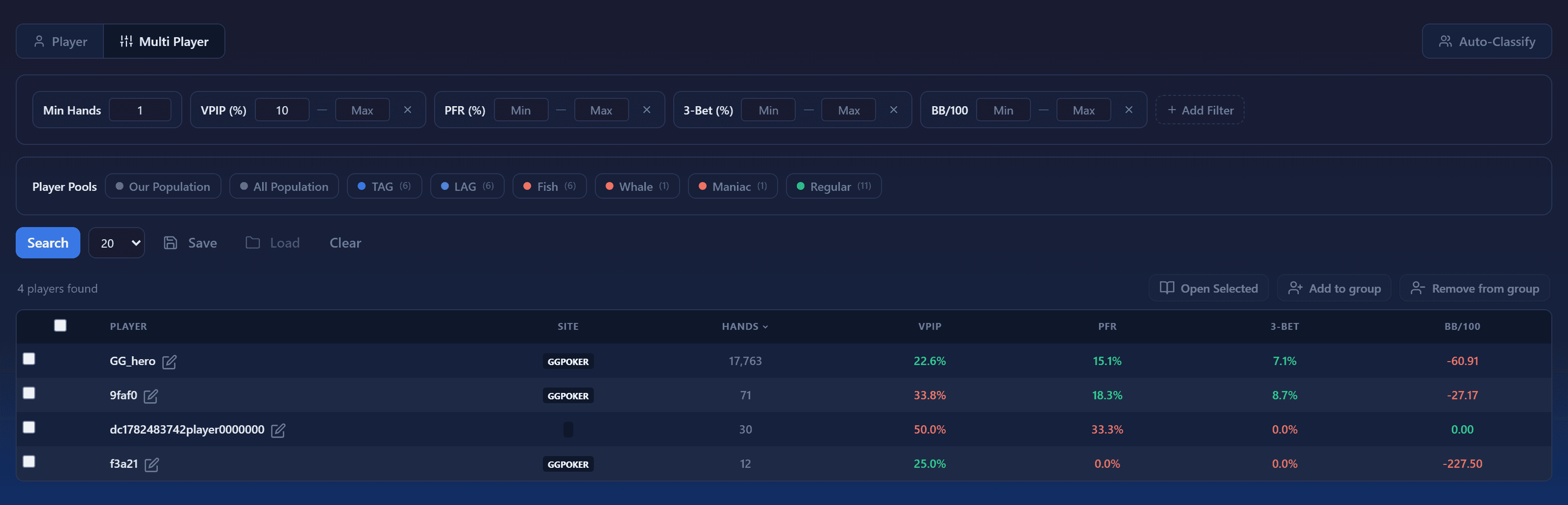 Multi-player search filter builder and results table